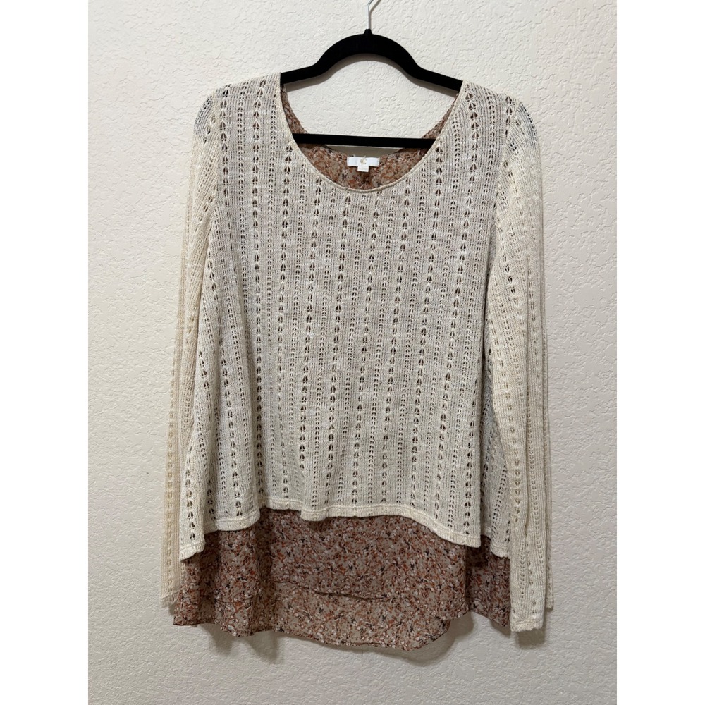 Catherines‎ XL Layered Knit Crochet Sweater Top Floral Chiffon Hem Boho Peasant